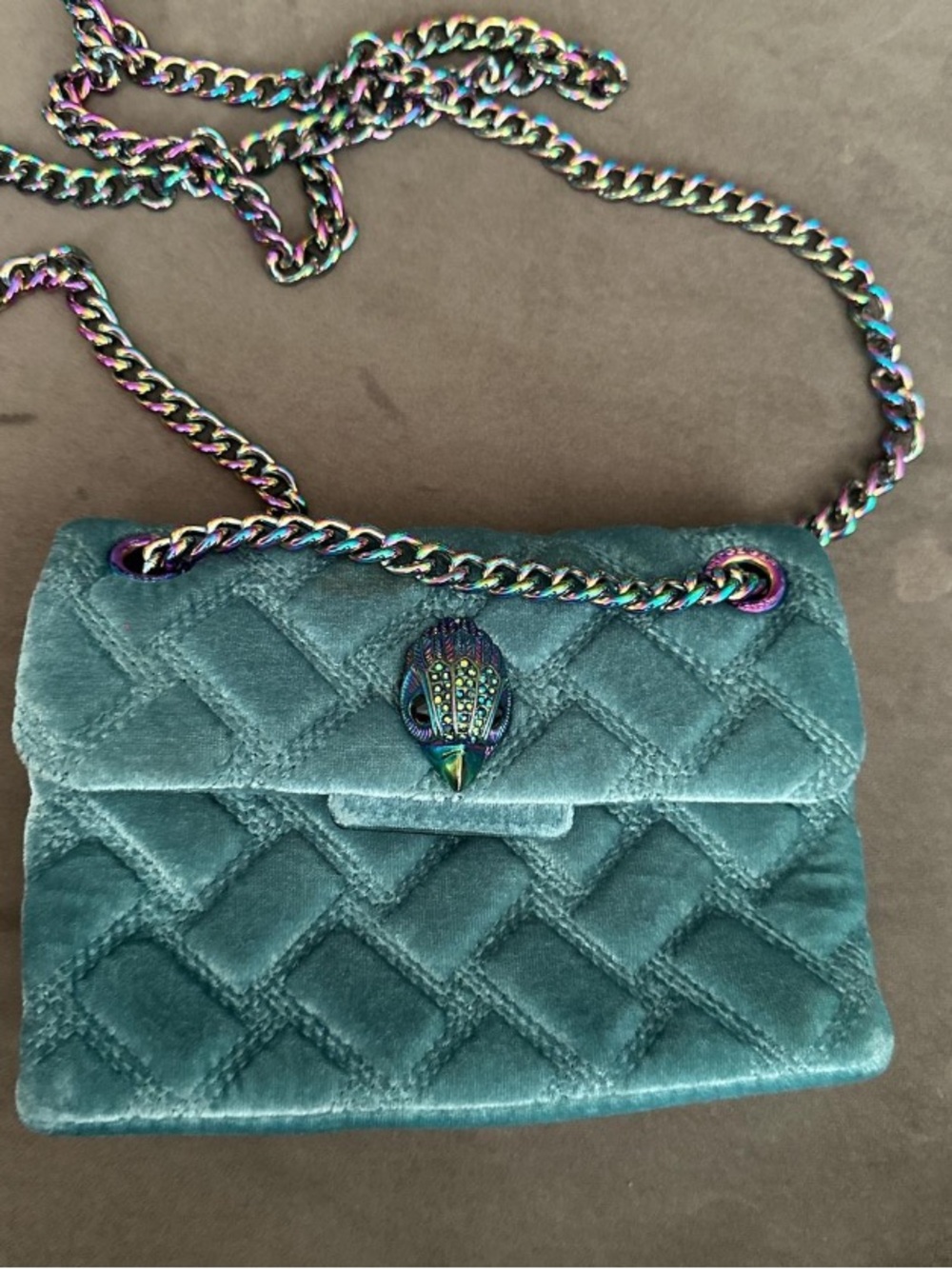 Kurt Geiger Teal Velvet Crossbody Bag with Iridescent Chain